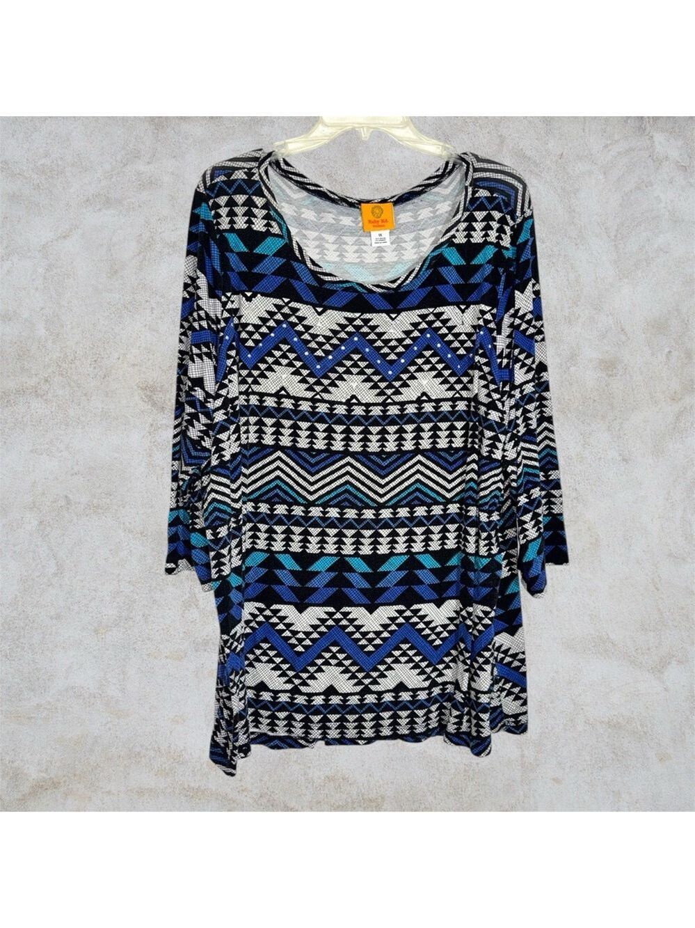 Ruby Rd. Aztec Scoop Neck Tunic - Blue, Black, White with silver studs size 1X